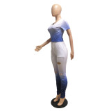 Gradient Color Short Sleeve Ruched Hole Pants Two Piece Sets GDYF-6604