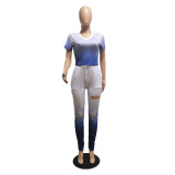 Gradient Color Short Sleeve Ruched Hole Pants Two Piece Sets GDYF-6604