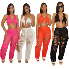 Sexy Tassel Bra Top+Hollow Out Pants 2 Piece Sets TR-1193