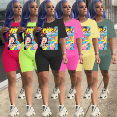 Cartoon Print T Shirt And Shorts 2 Piece Sets WAF-008190