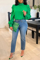 Green Stand Collar Puff Sleeve Bow Tie Top BGN-231
