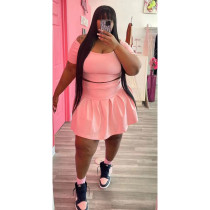 Plus Size Solid Short Sleeve Pleated Mini Skirt 2 Piece Sets WAF-77426