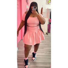 Plus Size Solid Short Sleeve Pleated Mini Skirt 2 Piece Sets WAF-77426