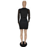 Sexy Mesh Patchwork Long Sleeve 2 Piece Shorts Set NM-8501