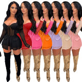 Sexy Mesh Patchwork Long Sleeve 2 Piece Shorts Set NM-8501