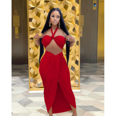 Solid Wrap Chest Split Skirt Two Piece Sets FOSF-8204