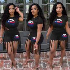 Plus Size Lip Print T Shirt Tassel Shorts 2 Piece Sets OM-1309