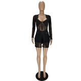 Sexy Mesh Patchwork Long Sleeve 2 Piece Shorts Set NM-8501
