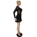 Sexy Mesh Patchwork Long Sleeve 2 Piece Shorts Set NM-8501