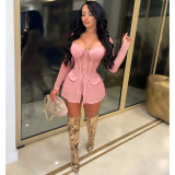 Sexy Mesh Patchwork Long Sleeve 2 Piece Shorts Set NM-8501