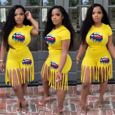 Plus Size Lip Print T Shirt Tassel Shorts 2 Piece Sets OM-1309