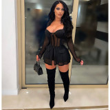 Sexy Mesh Patchwork Long Sleeve 2 Piece Shorts Set NM-8501