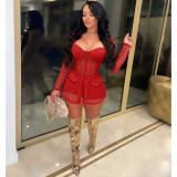 Sexy Mesh Patchwork Long Sleeve 2 Piece Shorts Set NM-8501