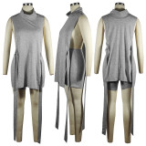 Solid Sleeveless Split Top And Shorts 2 Piece Sets TE-4395