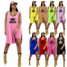 Queen Letter Print Split Tank Top And Shorts 2 Piece Sets TE-2035