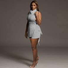 Solid Sleeveless Split Top And Shorts 2 Piece Sets TE-4395
