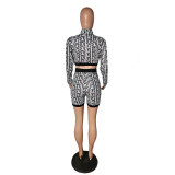 Sexy Printed Long Sleeve Crop Top And Shorts 2 Piece Sets LUO-3212