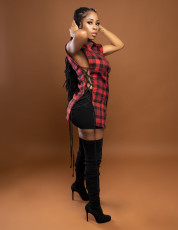 Plaid Lace-Up Sleeveless Shirt And Shorts 2 Piece Sets OMY-81001