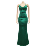 Solid Color Sexy Elegant Backless Tie Up Evening Dress BY-5617