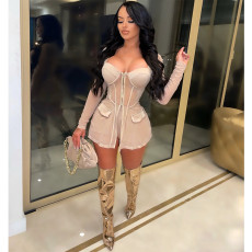 Sexy Mesh Patchwork Long Sleeve 2 Piece Shorts Set GDYF-6932