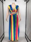 Plus Size Printed Ruffled Crop Top Split Maxi Skirt 2 Piece Sets WPF-P80438