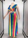 Plus Size Printed Ruffled Crop Top Split Maxi Skirt 2 Piece Sets WPF-P80438