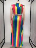 Plus Size Printed Ruffled Crop Top Split Maxi Skirt 2 Piece Sets WPF-P80438