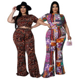 Plus Size Printed Short Sleeve Flared Pants 2 Piece Sets ASL-7072