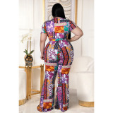 Plus Size Printed Short Sleeve Flared Pants 2 Piece Sets ASL-7072
