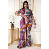 Plus Size Printed Short Sleeve Flared Pants 2 Piece Sets ASL-7072