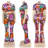 Plus Size Printed Short Sleeve Flared Pants 2 Piece Sets ASL-7072