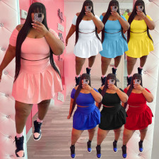 Plus Size Solid Short Sleeve Pleated Mini Skirt 2 Piece Sets WAF-77426