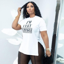 Plus Size Letter Print O Neck Split T Shirt BDF-601804