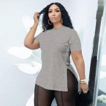 Plus Size Solid O Neck Split T Shirt BDF-6018
