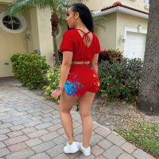 Plus Size Lip Print Casual Two Piece Shorts Set OM-1311