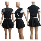 Casual Baseball Jacket Pleated Mini Skirt 2 Piece Sets NYF-8103