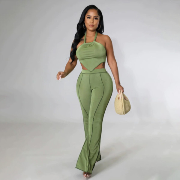 Plus Size Solid Halter Top And Pants 2 Piece Sets WPF-80538