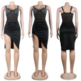 Plus Size Hot Drilling Bodysuit+Irregular Skirt 2 Piece Sets NY-2317