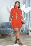 Plus Size Letter Lace-Up T Shirt And Shorts 2 Piece Sets ADTK-6227