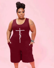 Plus Size Letter Print Sleeveless Romper WAF-71841