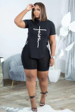Plus Size Letter Lace-Up T Shirt And Shorts 2 Piece Sets ADTK-6227