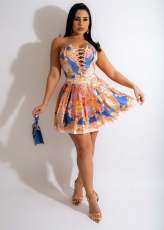 Fashion Sexy Print Tube Top Hollow Bandage Pleated Skirt Set CM-8603
