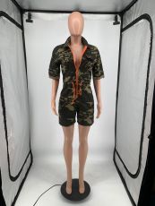 Plus Size Camo Print Short Sleeve Zipper Romper YIM-250