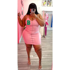 Plus Size PU Leather Spaghetti Strap Zipper Mini Dress WAF-B422