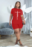 Plus Size Letter Lace-Up T Shirt And Shorts 2 Piece Sets ADTK-6227