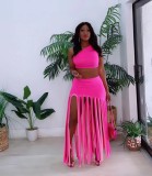 Solid One Shoulder Tassel Skirt 2 Piece Sets OYF-8292