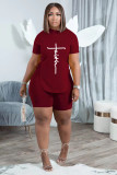Plus Size Letter Lace-Up T Shirt And Shorts 2 Piece Sets ADTK-6227