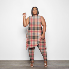Plus Size Plaid Sleveless 2 Piece Pants Set PHF-13273