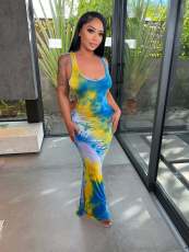 Tie Dye Print Sleeveless Open-Back Cross Strap Maxi Dress YD-8572