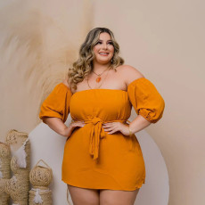 Plus Size Solid Off Shoulder Half Sleeve 2 Piece Shorts Set PHF-13275